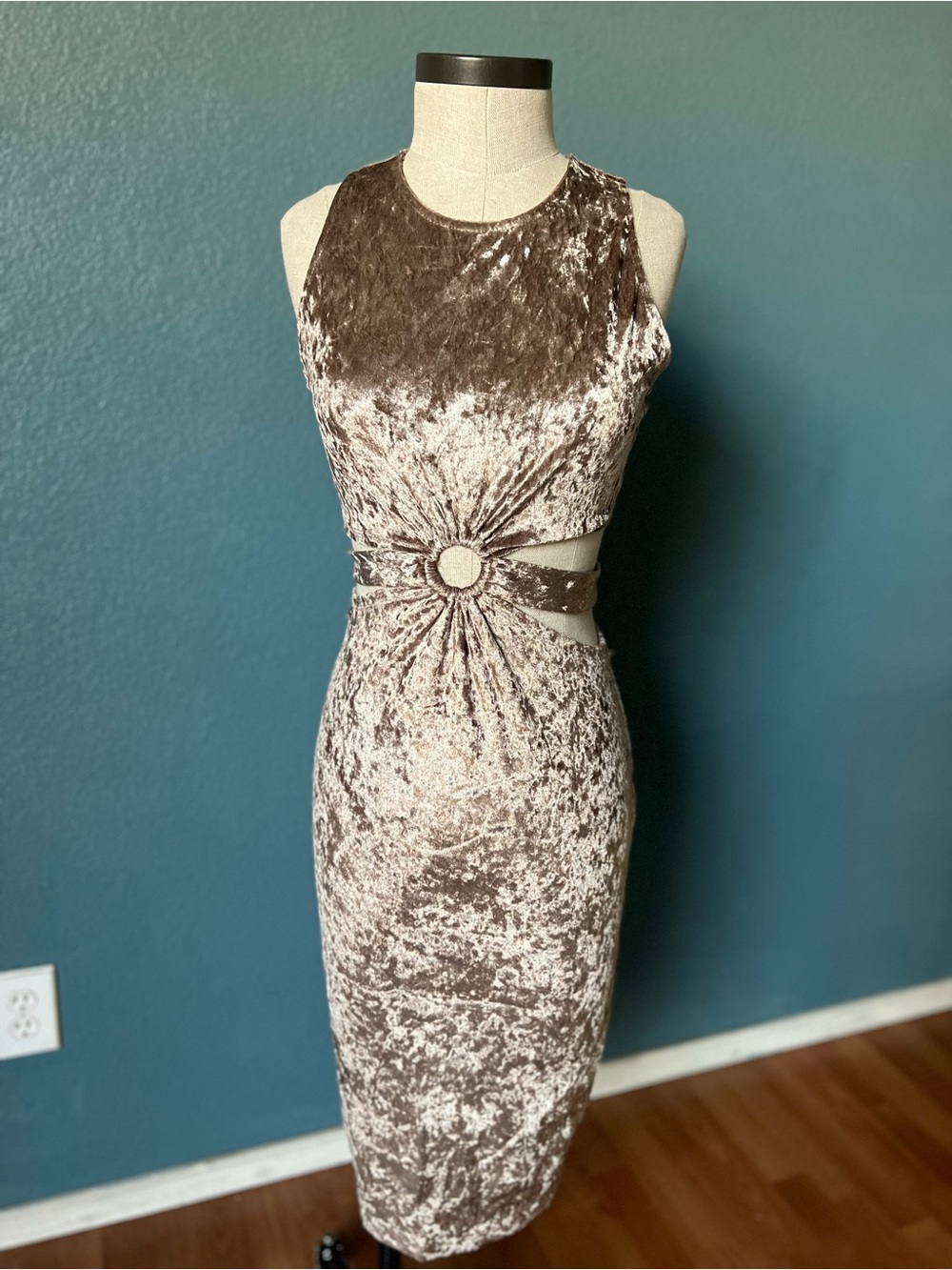 Crushed Velvet Champagne Midi Dress with Ring detail and waist Cutout in Taupe